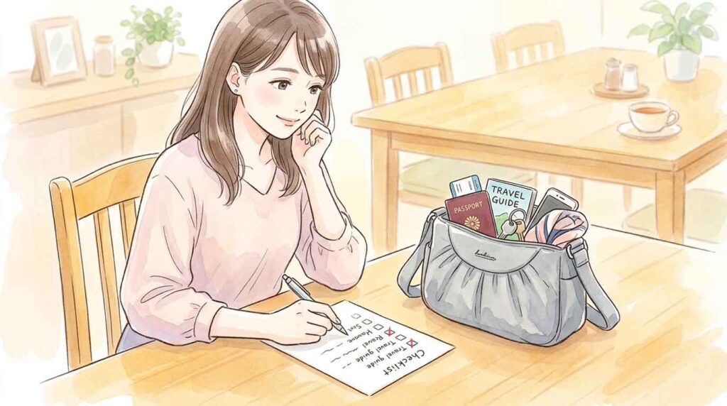 旅行前にバッグの機能をチェックリストで確認する女性のイラスト