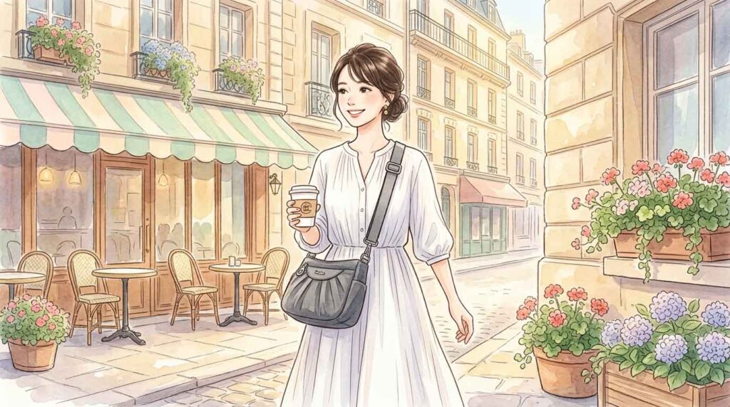 パリのカフェ前で斜めがけバッグを持ち颯爽と歩く女性のイラスト