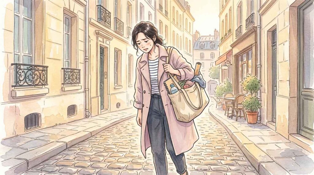 パリの石畳を重いエコバッグで歩いて疲れる女性のイラスト