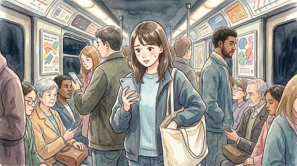 パリのメトロ車内で口の開いたエコバッグを持つ観光客のイラスト