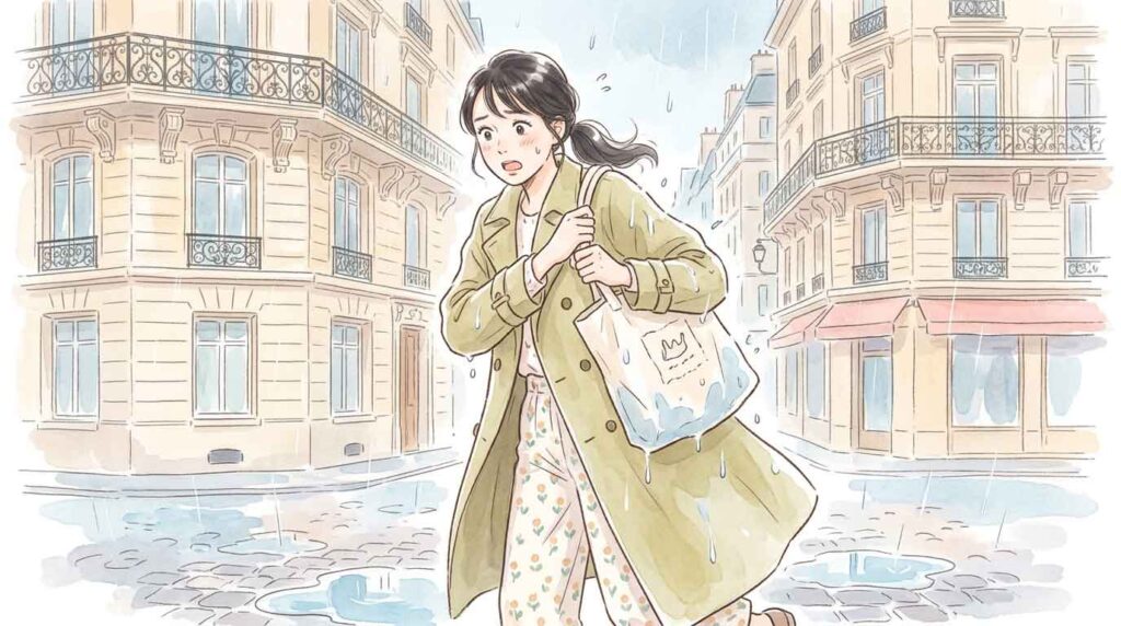 パリの石畳で急な通り雨に打たれ慌てる女性のイラスト