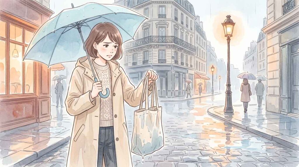 雨のパリ石畳でエコバッグが濡れて困る女性のイラスト