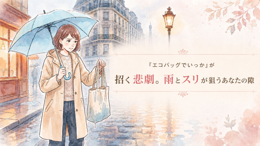 雨のパリ石畳でエコバッグが濡れて困る女性のイラスト