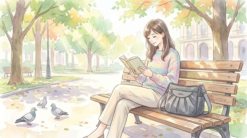 公園のベンチで本を読みながら午後のひとときを過ごす女性のイラスト