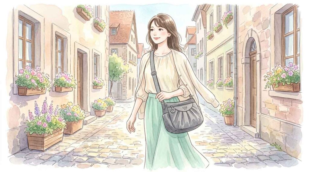 薄手の羽織りものを着てヨーロッパの街を歩く大人の女性のイラスト