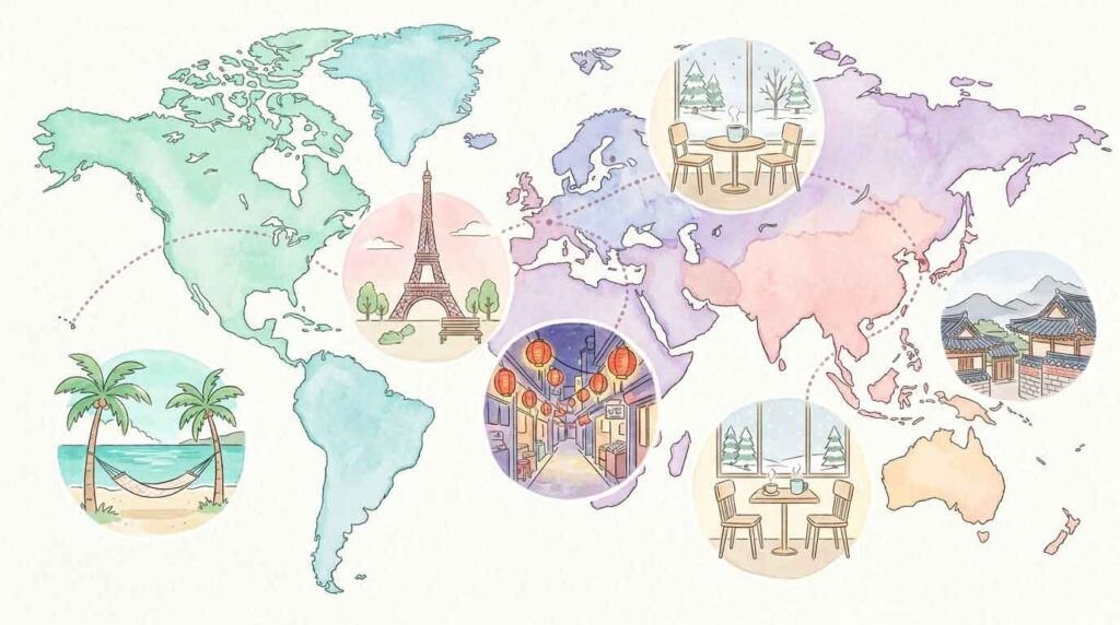 世界地図の上にハワイ・パリ・台北・ヘルシンキ・ソウルのイラストが描かれたイメージ