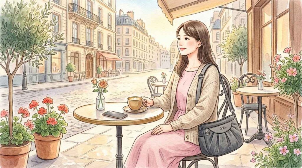 カフェのテラス席でスマートフォンを置いてコーヒーを楽しむ女性のイラスト