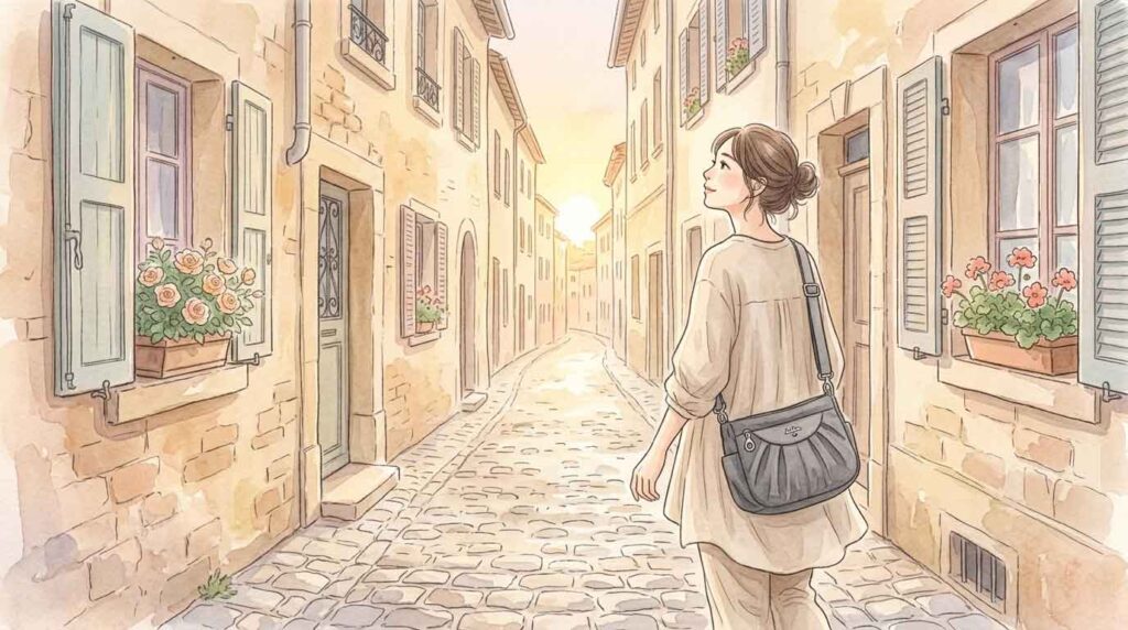 早朝のヨーロッパの石畳の路地をひとりで歩く大人の女性のイラスト