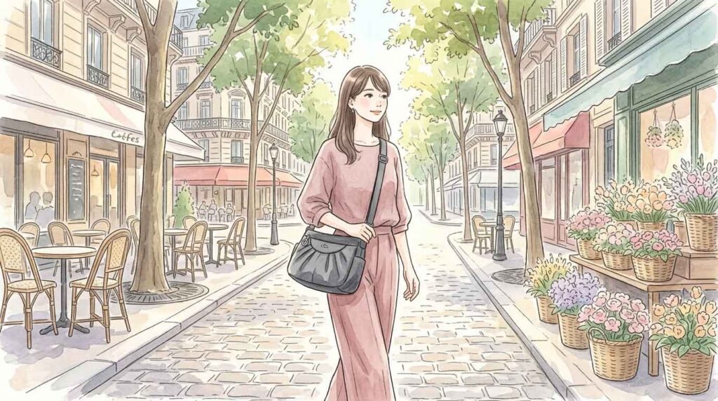 パリの街並みを軽量なショルダーバッグを斜めがけして歩く女性のイラスト
