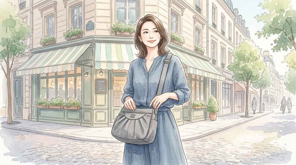 パリの街角でくすみカラーの軽量ショルダーバッグを斜めがけした女性のイラスト