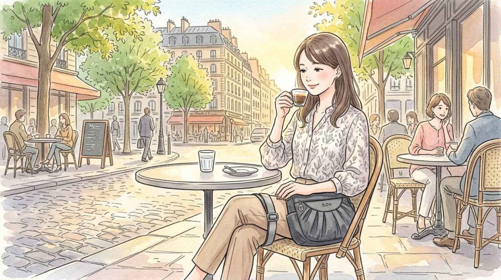 パリのカフェテラスでショルダーバッグを膝に乗せてエスプレッソを飲む女性のイラスト
