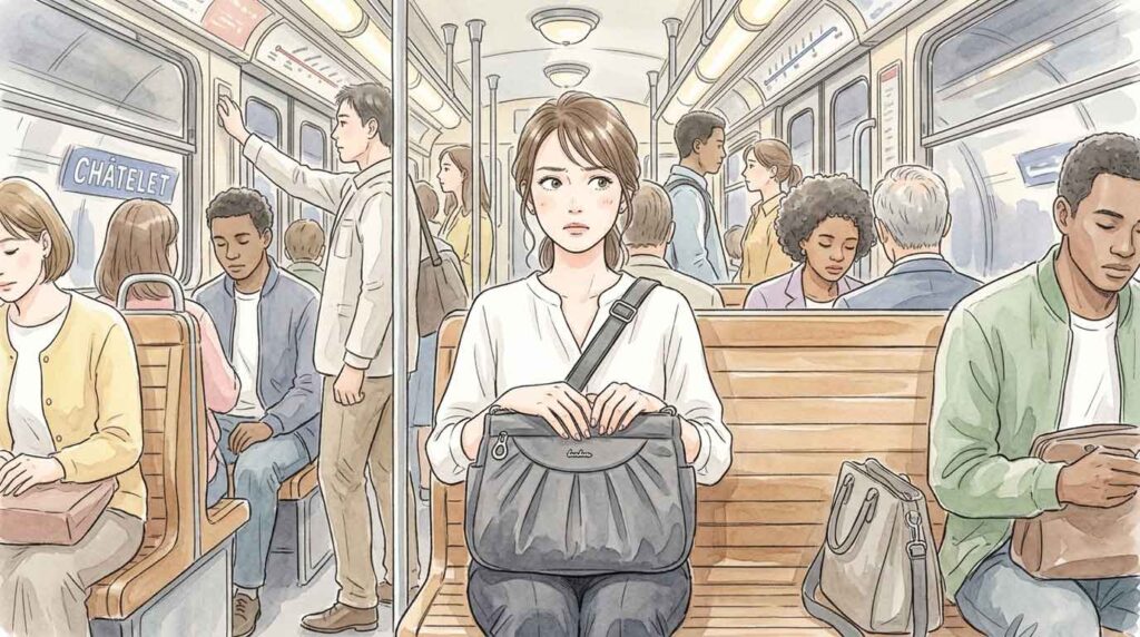 パリのメトロ車内でショルダーバッグをしっかり抱える女性のイラスト