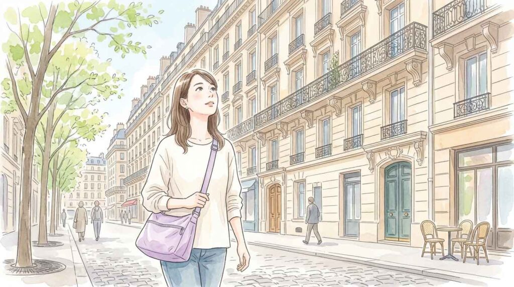 パリのオスマン建築と石畳の街並み、観光客の女性がショルダーバッグで歩くイラスト