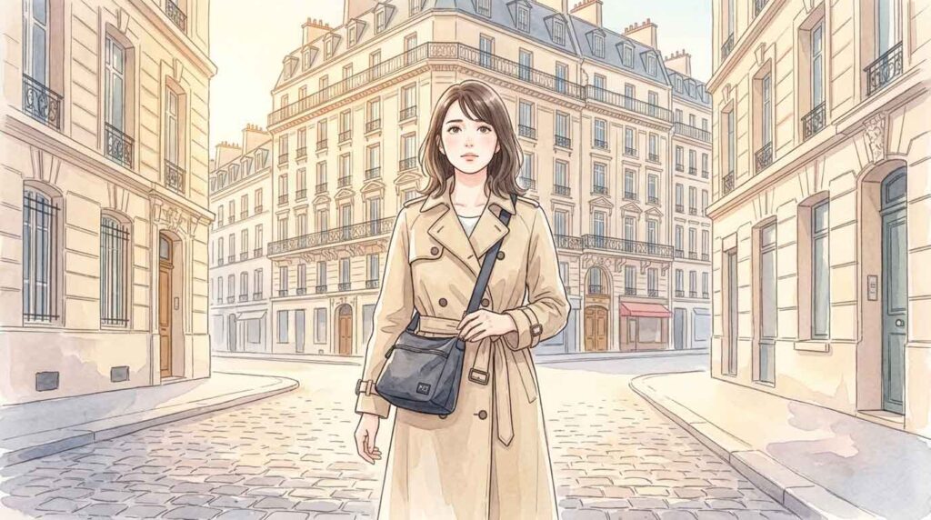 パリの石畳を歩く女性のイラスト、重そうなバッグと疲れた表情