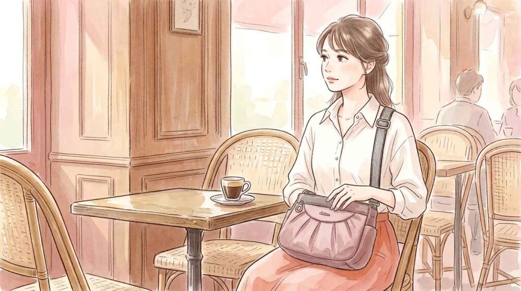 パリのカフェのテラス席でバッグを膝の上に置いて警戒しながら座る女性のイラスト