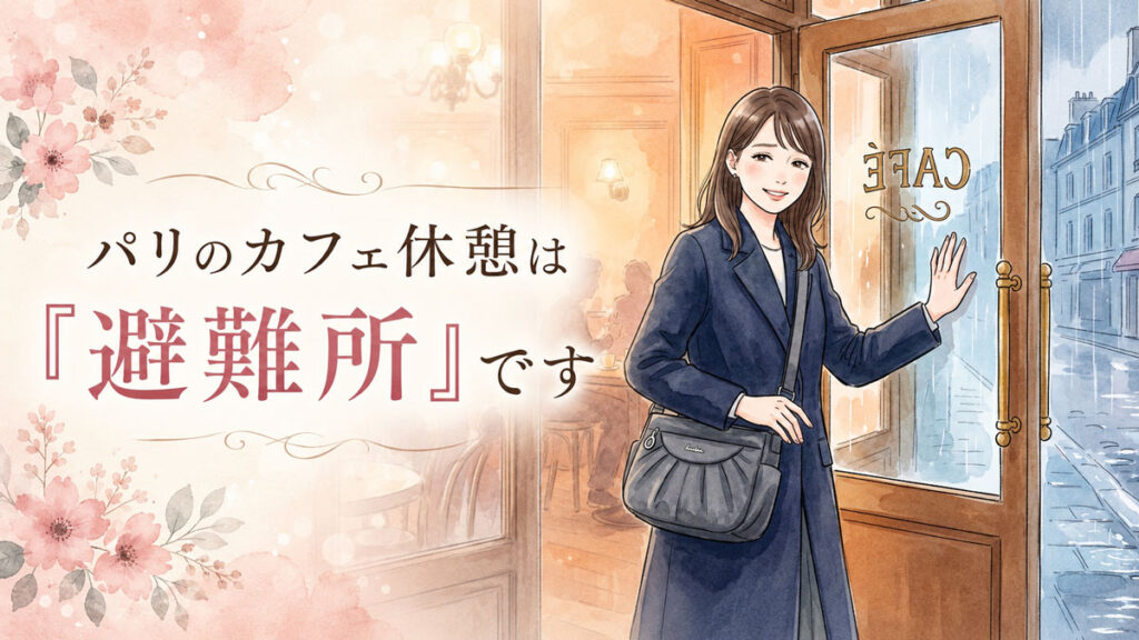パリの街角のカフェに疲れた様子で入っていく女性のイラスト