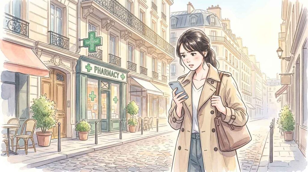 パリのカフェのトイレを探して地図を見る女性のイラスト