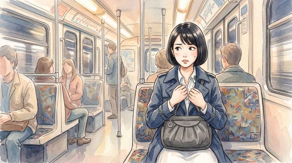パリの地下鉄でバッグを抱えながら周囲を警戒する女性のイラスト