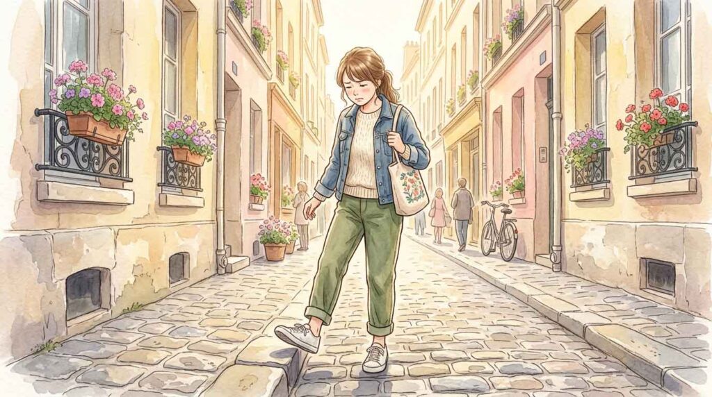 パリの石畳の路地を歩きながら足の痛みに耐える女性のイラスト