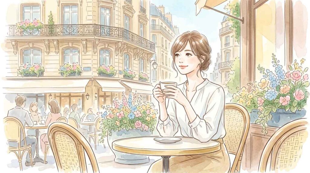 パリのテラスカフェでコーヒーを楽しむ女性の憧れのイラスト