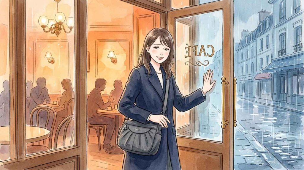 パリの街角のカフェに疲れた様子で入っていく女性のイラスト