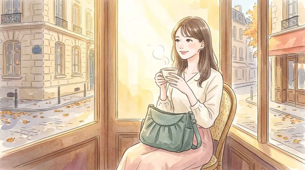 パリのカフェでくすみカラーの軽量バッグを膝に置いてコーヒーを飲む女性のイラスト