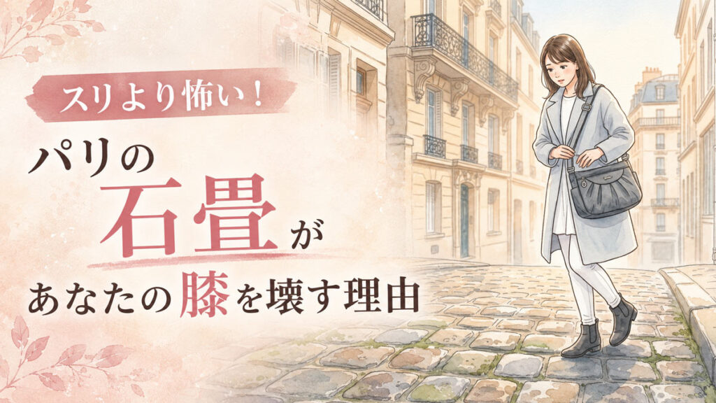 パリの石畳をショルダーバッグを斜めがけして歩く女性のイラスト