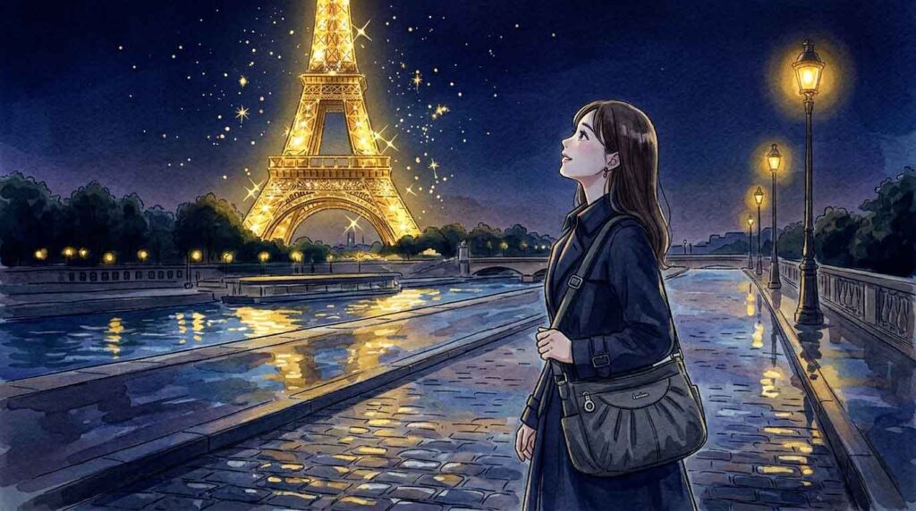 夜のエッフェル塔のシャンパンフラッシュを眺める女性のイラスト、防犯ショルダーバッグを斜めがけ