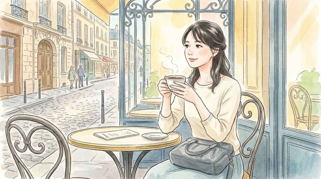 パリの街角カフェでひと息つく女性のイラスト、くすみカラーのショルダーバッグを膝の上に乗せている