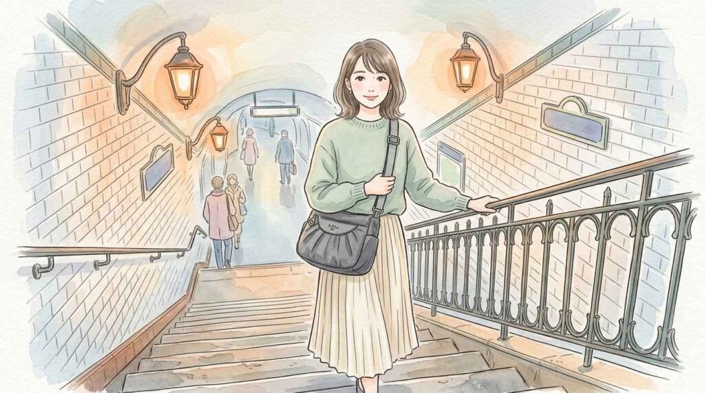 パリのメトロ駅の長い階段を降りる女性のイラスト、ショルダーバッグを体に密着させている