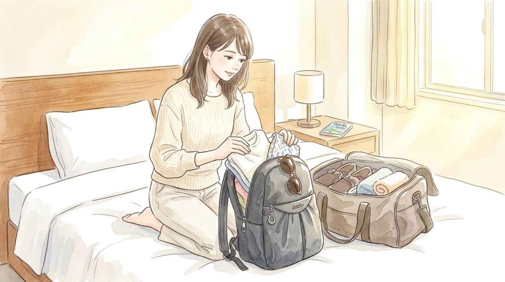 パリ旅行の荷物を準備する女性のイラスト、軽量ナイロンのリュックを背負っている