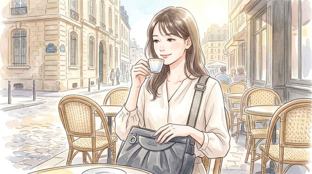 パリのカフェのテラス席でショルダーバッグを膝に乗せてエスプレッソを飲む女性のイラスト