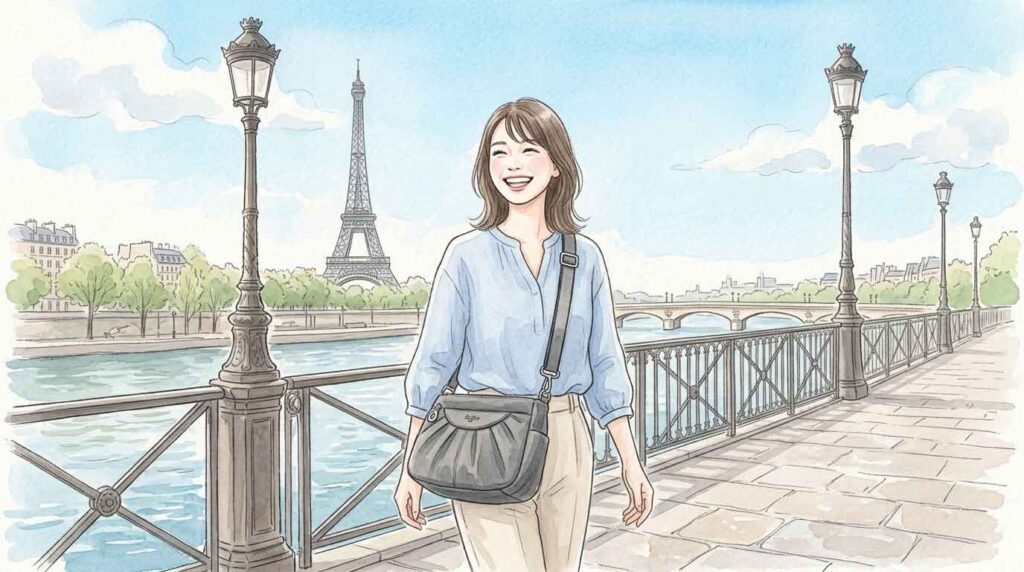セーヌ川沿いの橋の上で軽量ショルダーバッグを斜めがけして笑顔で立つ女性のイラスト