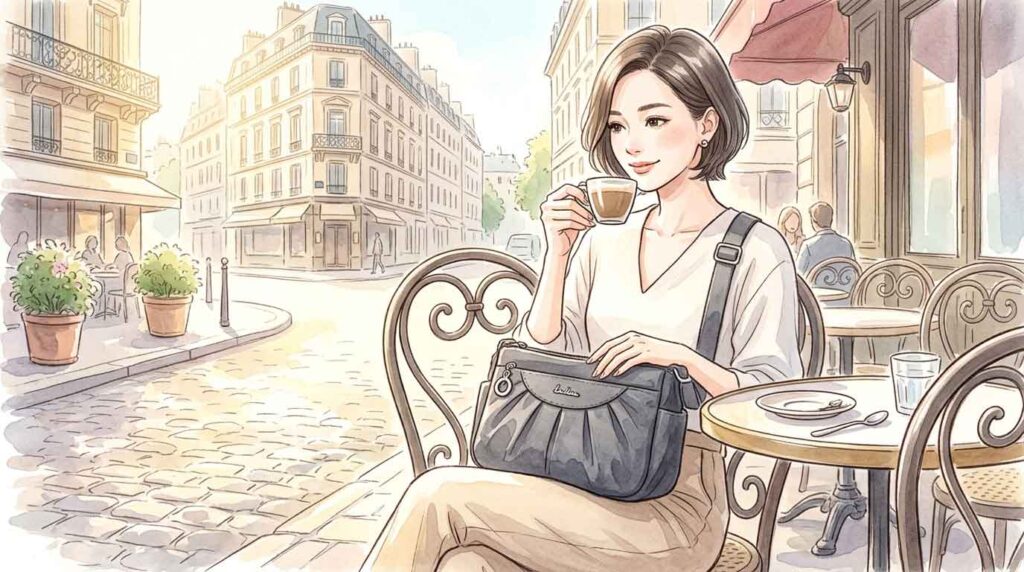 パリのカフェのテラス席でショルダーバッグを膝に乗せてエスプレッソを飲む女性のイラスト