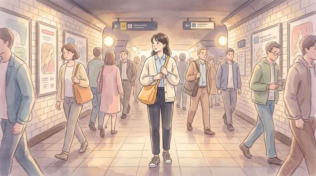 パリのメトロ構内でショルダーバッグを前抱えにしてキョロキョロする女性のイラスト