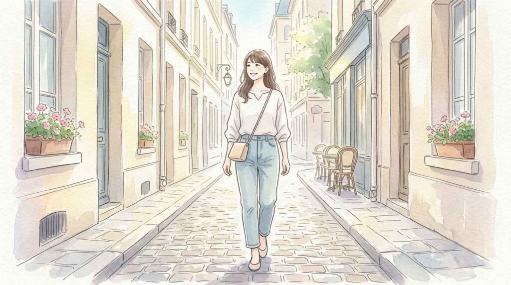 パリの石畳の路地で軽量ショルダーバッグを斜めがけして歩く女性のイラスト