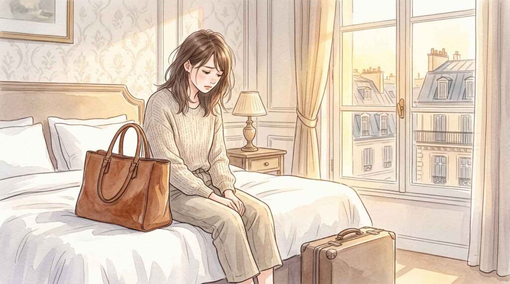 PIC4 | alt: パリのホテルの部屋で重たいトートバッグを見つめて落ち込む女性のイラスト