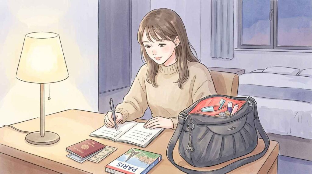 パリ旅行の持ち物をチェックしている女性のイラスト