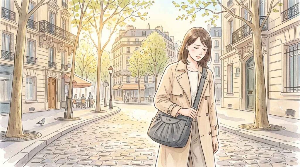 明るい内布のショルダーバッグを持ってパリの街を歩く女性のイラスト