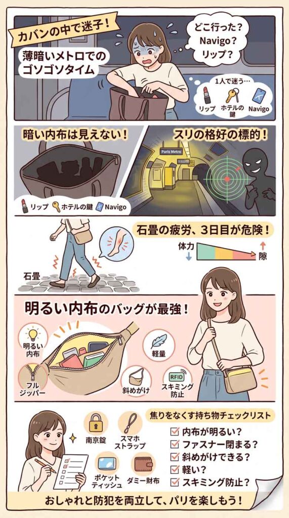 カバンの中で迷子になるリップ。薄暗いメトロでゴソゴソする恐怖の時間インフォグラフ