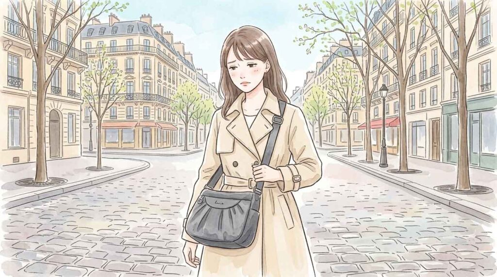 パリの石畳を疲れた様子で歩く女性のイラスト