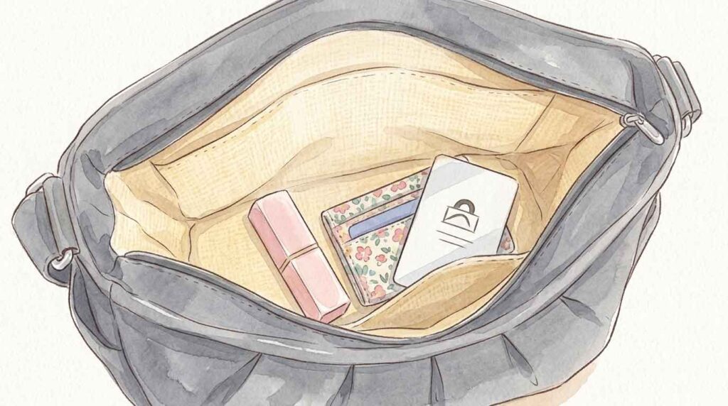 黒い内布のバッグの中で小物が迷子になっているイラスト