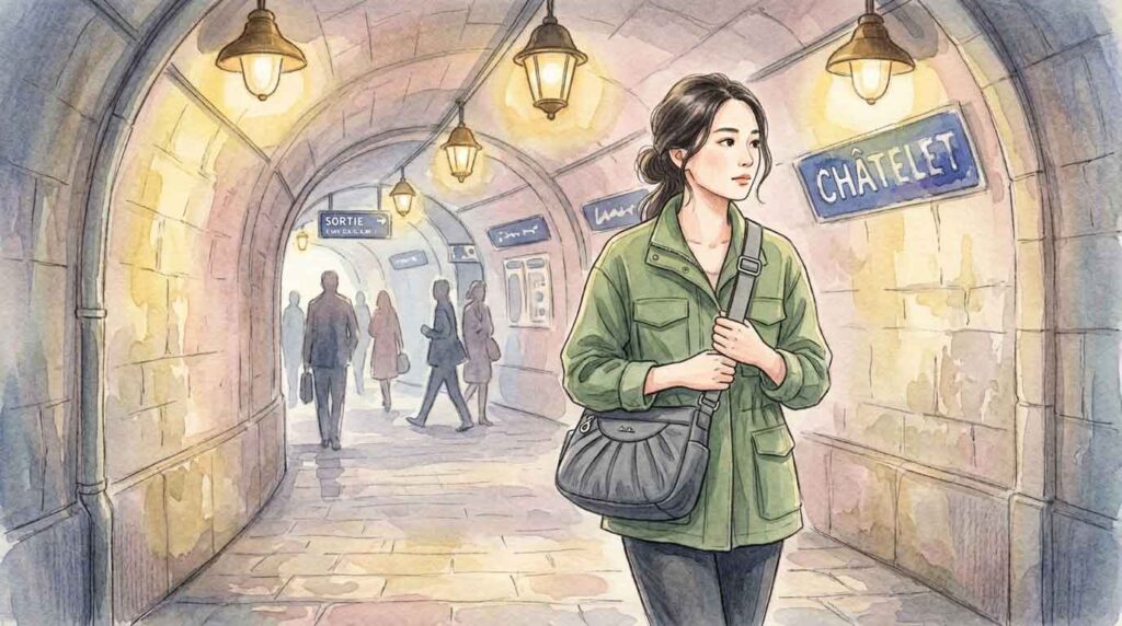 薄暗いパリの地下鉄ホームを歩くバッグを持った女性のイラスト