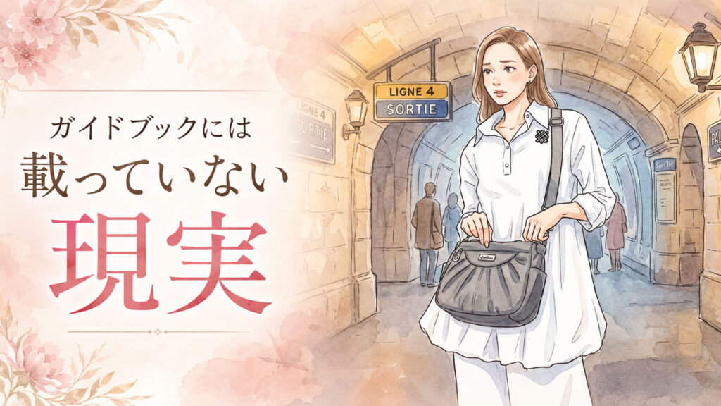 パリのメトロ地下通路を一人で歩く女性のイラスト