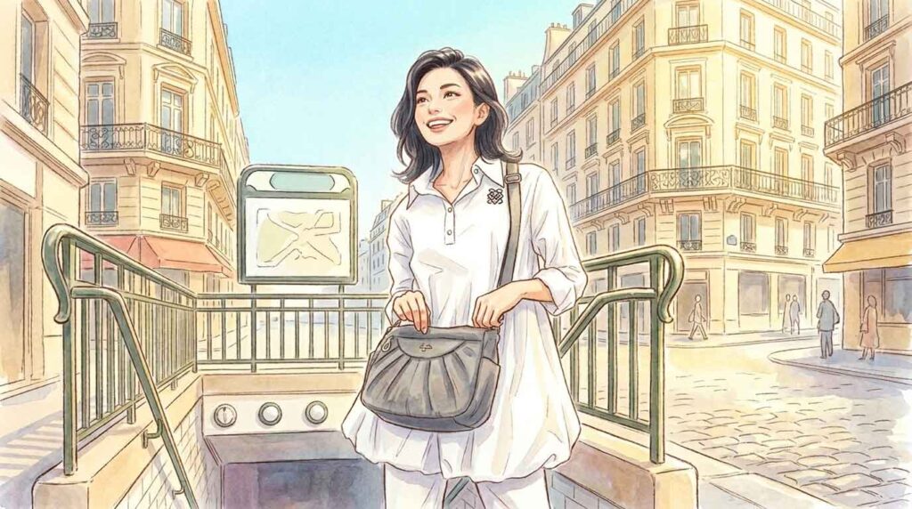 地下鉄の出口を出てパリの街並みを見渡す女性のイラスト