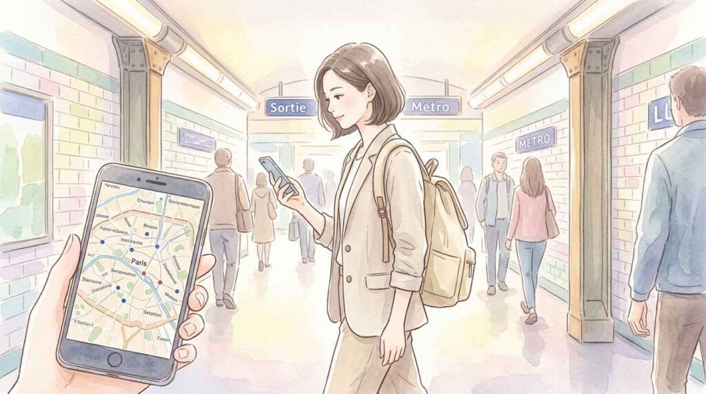 スマホの地図を確認しながら地下通路を歩く女性のイラスト