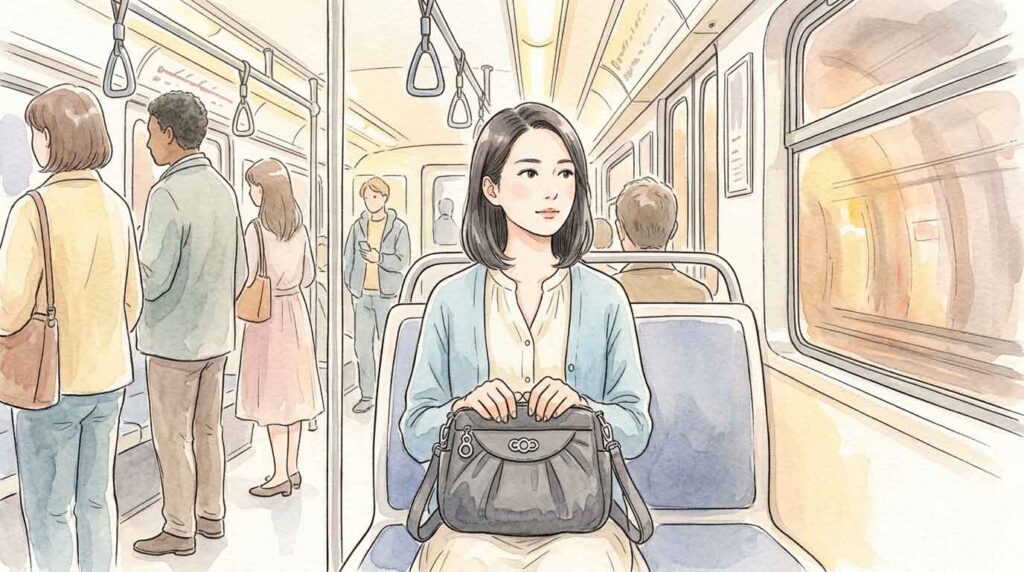 メトロ車内でバッグをしっかり抱えて座る女性のイラスト