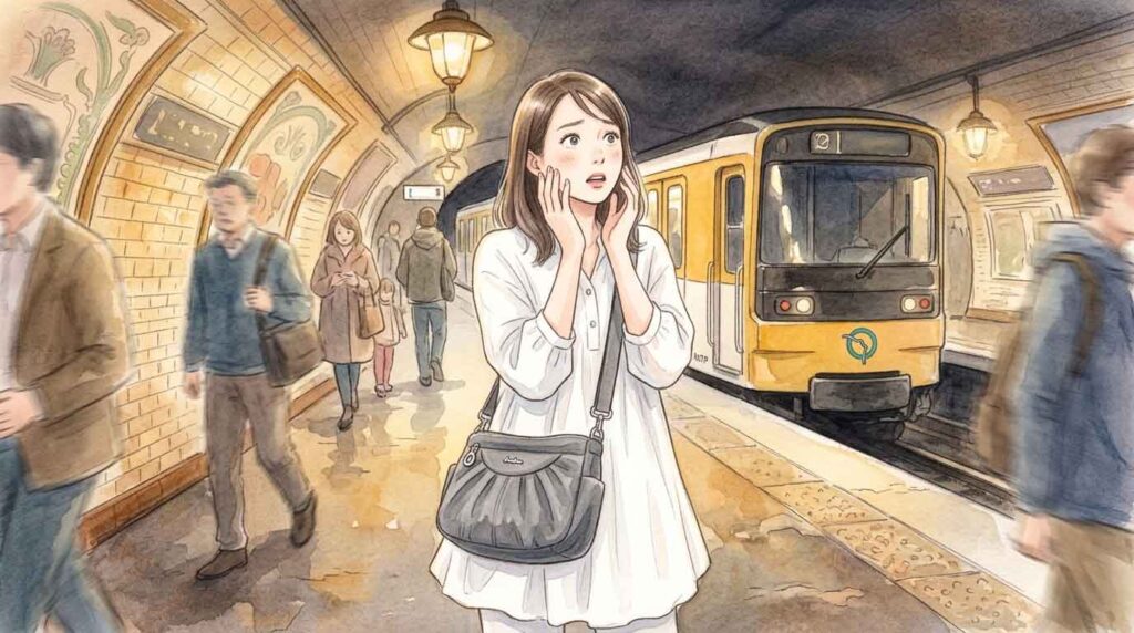 人の流れに取り残されたように立ち止まっている女性のイラスト