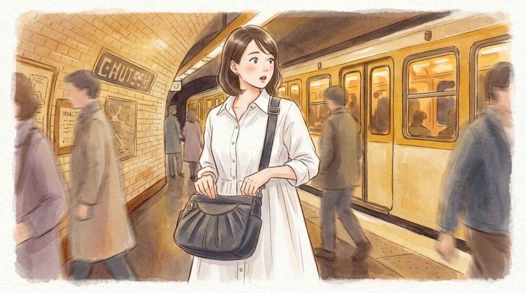 薄暗いパリの地下鉄ホームで戸惑う表情の女性のイラスト
