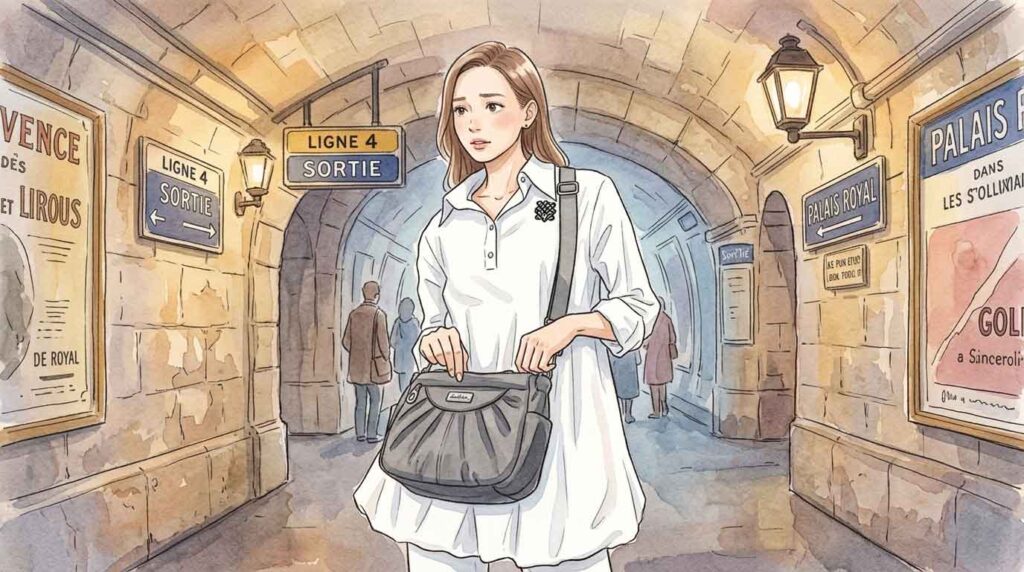 パリのメトロ地下通路を一人で歩く女性のイラスト